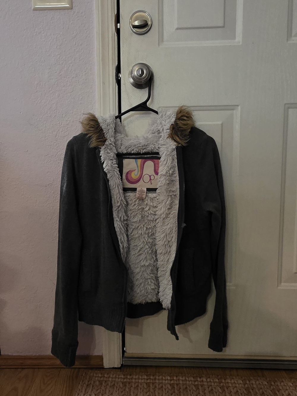 OP- Medium Womens Gray Faux-Fur Lined Zip Jacket with Hood